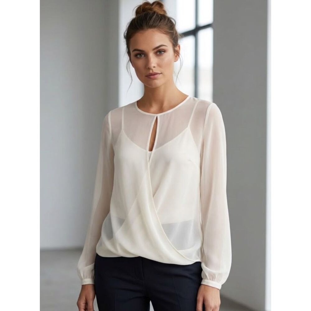 New NY Collection Crossover Sheer Blouse White Women's Size Large